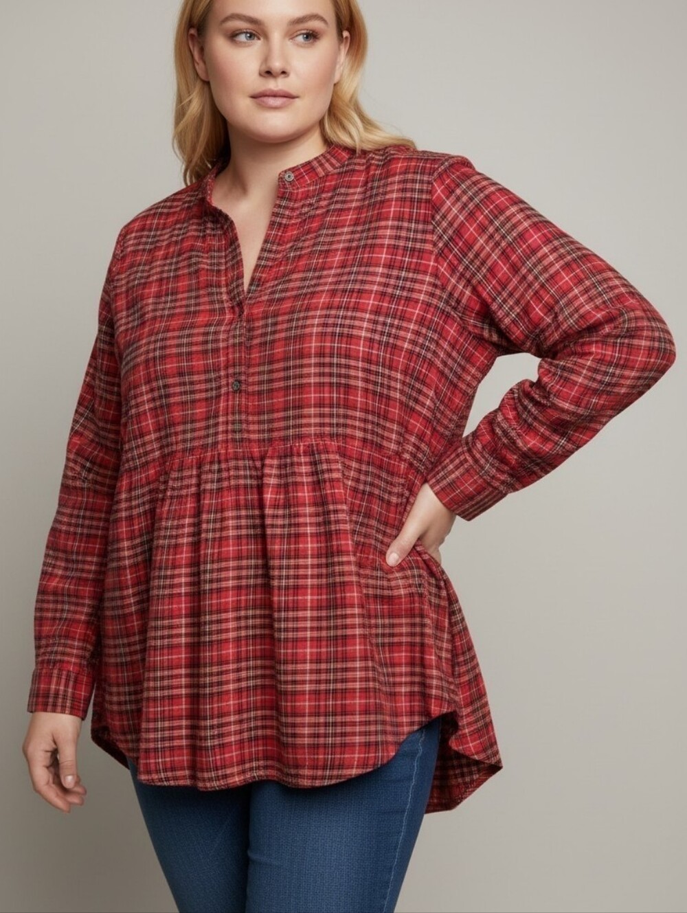 Lands' End Red Plaid Button-Front Tunic